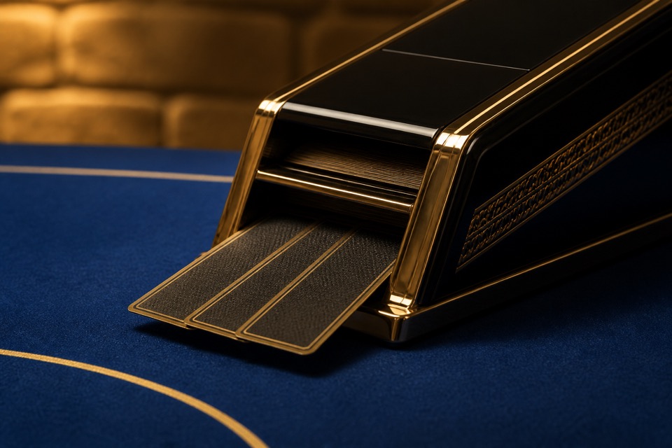 Schwarzer Kartenschuh mit polierten Goldbeschlägen, aus dem drei verdeckte Karten auf lapisblauen Spieltischfilz gleiten