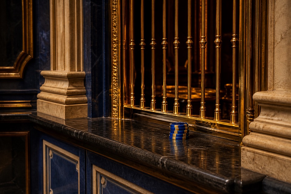 Kassenschalter eines Casinos mit vergoldetem Ziergitter über dunklem Marmortresen, darauf ein kleiner Stapel blau-goldener Jetons